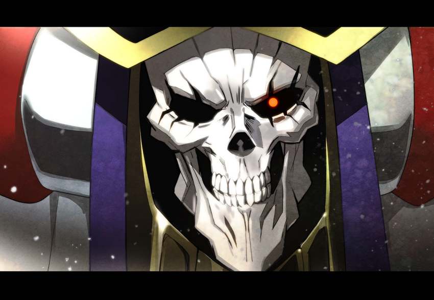 1boy ainz_ooal_gown clenched_teeth commentary face glowing glowing_eye hood hood_up letterboxed lich looking_at_viewer male_focus nyoro_(nyoronyoro000) overlord_(maruyama) portrait red_eyes skeleton skull solo teeth