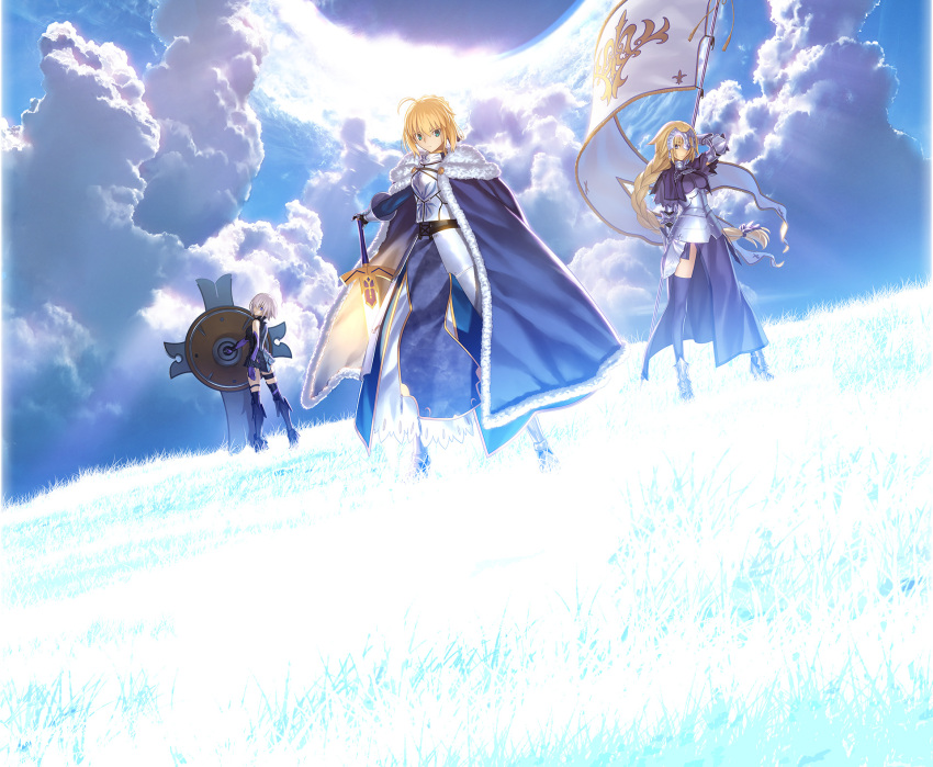 3girls ahoge armor armored_dress bare_shoulders black_legwear blonde_hair boots braid breasts cape capelet chain clouds dress elbow_gloves excalibur fate/apocrypha fate/grand_order fate/stay_night fate_(series) faulds flag fur_trim gauntlets gloves glowing glowing_sword glowing_weapon grass greaves green_eyes headpiece highres hill long_hair multiple_girls official_art ruler_(fate/apocrypha) saber shield short_hair single_braid sky sunlight sword takeuchi_takashi thigh-highs thigh_strap violet_eyes weapon