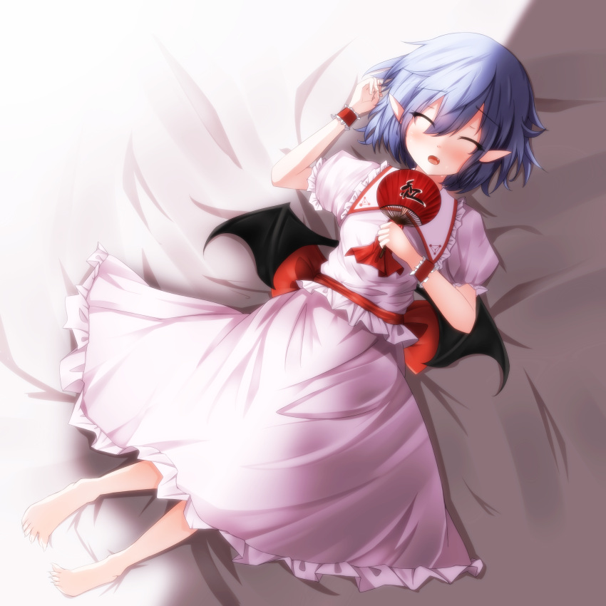1girl absurdres ascot barefoot bat_wings blue_hair blush closed_eyes dress fan fang from_above hand_on_own_chest highres lying no_hat on_back open_mouth pink_dress pointy_ears puffy_short_sleeves puffy_sleeves remilia_scarlet rok_(guitar0706) sash short_sleeves sleeping solo sweat touhou wings wrist_cuffs