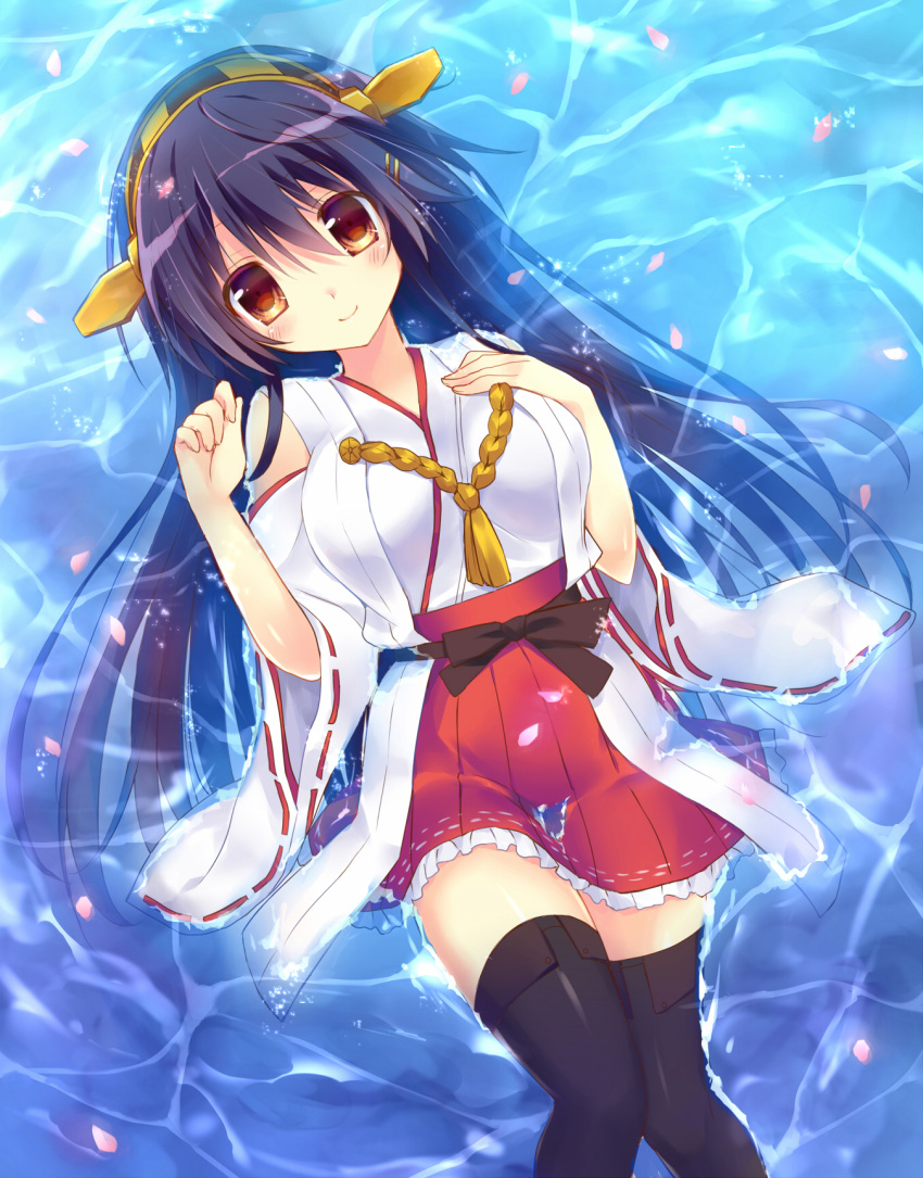 1girl afloat black_hair black_legwear blush breasts brown_eyes clenched_hand cowboy_shot hand_on_own_chest haruna_(kantai_collection) headgear highres kantai_collection kazuki_marina knees_touching long_hair looking_at_viewer lying miniskirt nontraditional_miko on_back petals pleated_skirt ribbon-trimmed_sleeves ribbon_trim skirt smile solo thigh-highs water zettai_ryouiki