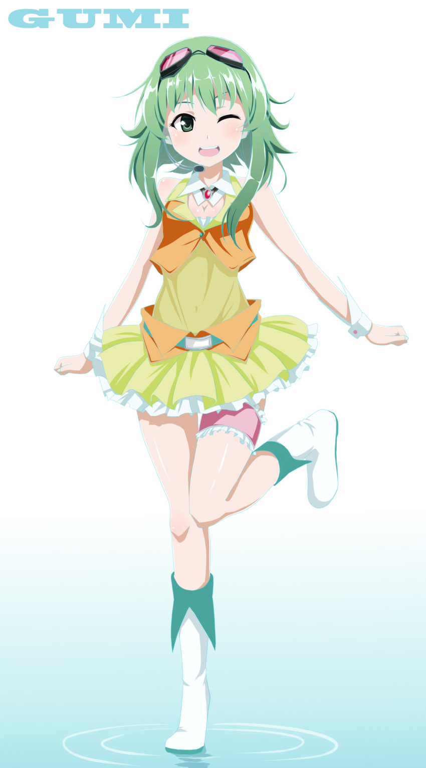 1girl absurdres blush boots character_name goggles goggles_on_head green_eyes green_hair gumi headset highres kyuu_pito leg_up long_hair one_eye_closed open_mouth short_hair skirt smile solo standing_on_one_leg vocaloid