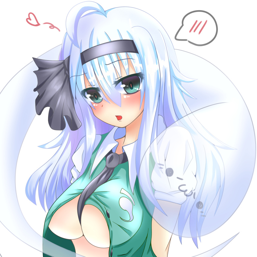 1girl :3 absurdres ahoge alternate_breast_size alternate_hair_length alternate_hairstyle blush breasts bust green_eyes hair_ribbon hairband heart highres konpaku_youmu large_breasts long_hair looking_at_viewer makky necktie older open_clothes open_mouth open_shirt puffy_short_sleeves puffy_sleeves ribbon shirt short_sleeves silver_hair solo touhou