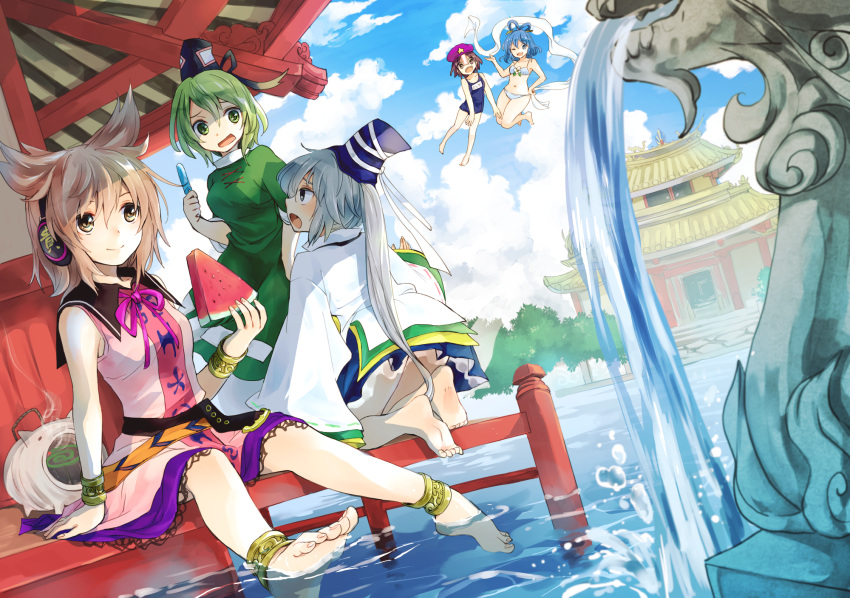 5girls anklet aqua_bikini barefoot belt beret bikini blonde_hair blue_eyes blue_hair blue_sky bracelet brown_eyes building dress flying food fruit green_dress green_eyes green_hair grey_eyes hair_rings hat hat_ribbon headphones highres jewelry jiangshi kaku_seiga long_sleeves makuwauri miyako_yoshika mononobe_no_futo multiple_girls myouren_temple navel ofuda one_eye_closed open_mouth outstretched_arms popsicle ribbon school_swimsuit shawl silver_hair sky sleeveless sleeveless_shirt smile soaking_feet soga_no_tojiko star swimsuit touhou toyosatomimi_no_miko watermelon wide_sleeves zombie_pose