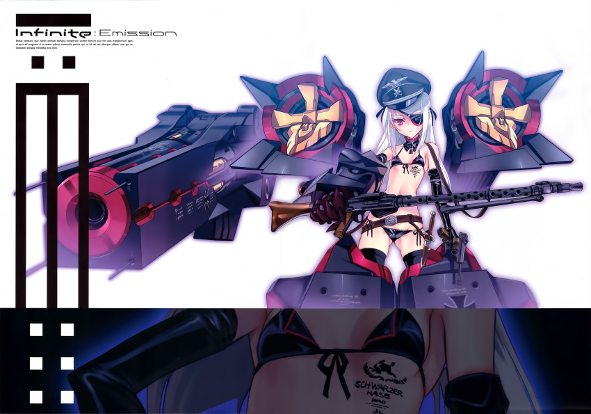 1girl bangs bare_shoulders bikini black_bikini black_gloves black_legwear choco detached_collar elbow_gloves eyepatch front-tie_top gauntlets gloves gun handgun hat heavy_machine_gun highres infinite_stratos laura_bodewig long_hair luger_p08 machine_gun mecha_musume mg34 peaked_cap side-tie_bikini silver_hair small_breasts solo string_bikini swept_bangs swimsuit thigh-highs violet_eyes weapon