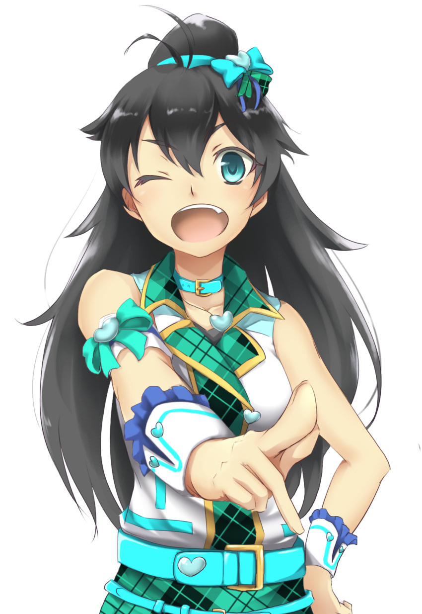 1girl black_hair ganaha_hibiki hand_on_hip highres idolmaster idolmaster_one_for_all long_hair looking_at_viewer maa-san_(dammerung) one_eye_closed open_mouth ponytail solo