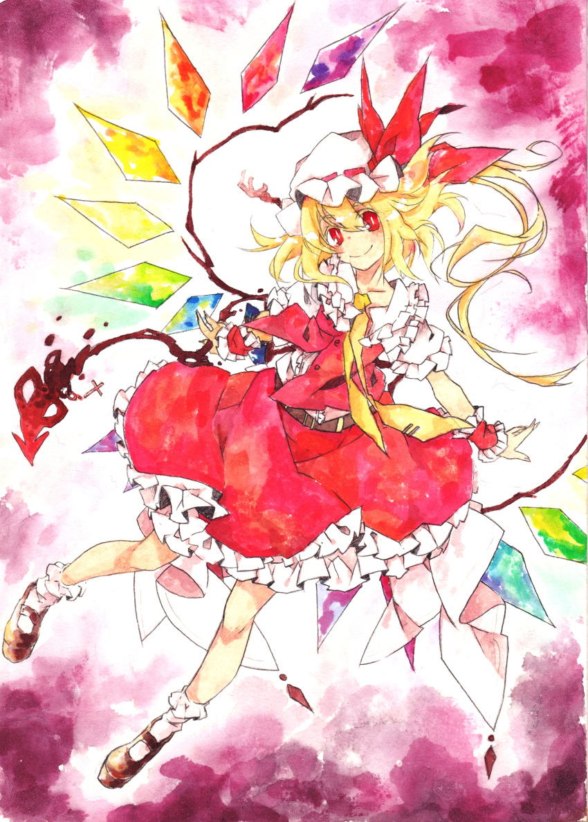 1girl absurdres ascot blonde_hair bow flandre_scarlet hat hat_bow highres laevatein red_eyes sash side_ponytail solo touhou toutenkou traditional_media watercolor_(medium) wings