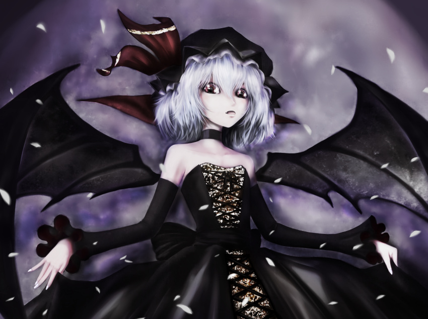 1girl alternate_costume bare_shoulders bat_wings blue_hair choker collarbone detached_sleeves dress fang fingernails full_moon fuonon hat hat_ribbon highres looking_at_viewer mob_cap moon open_mouth petals red_eyes remilia_scarlet ribbon sharp_fingernails short_hair skirt_hold solo strapless_dress touhou wings
