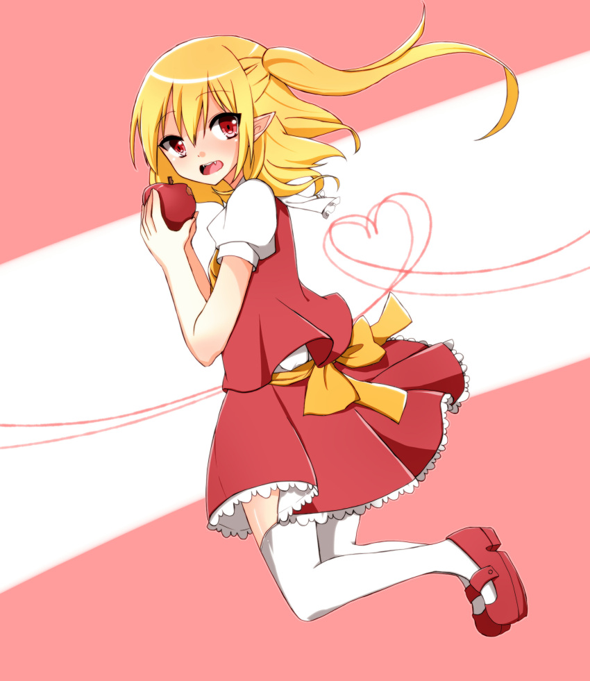 1girl apple ascot blonde_hair dress fangs flandre_scarlet food frills fruit full_body heart heart_of_string highres looking_at_viewer looking_back mary_janes no_hat open_mouth pointy_ears puffy_short_sleeves puffy_sleeves red_dress red_eyes red_shoes ribbon sash shirt shoes short_hair short_sleeves side_ponytail skirt solo thigh-highs touhou vest white_legwear yukina_(masyumaro610)