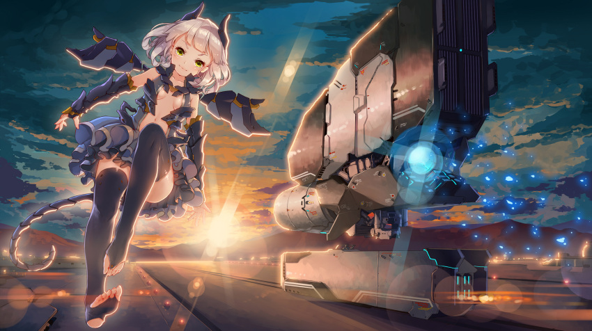1girl aircraft black_legwear blonde_hair blush breasts cleavage clouds dress fangxiang_cuoluan green_eyes headgear highres lens_flare looking_at_viewer mecha_musume mechanical_wings navel open_clothes original short_hair sky small_breasts smile solo tail thigh-highs wings