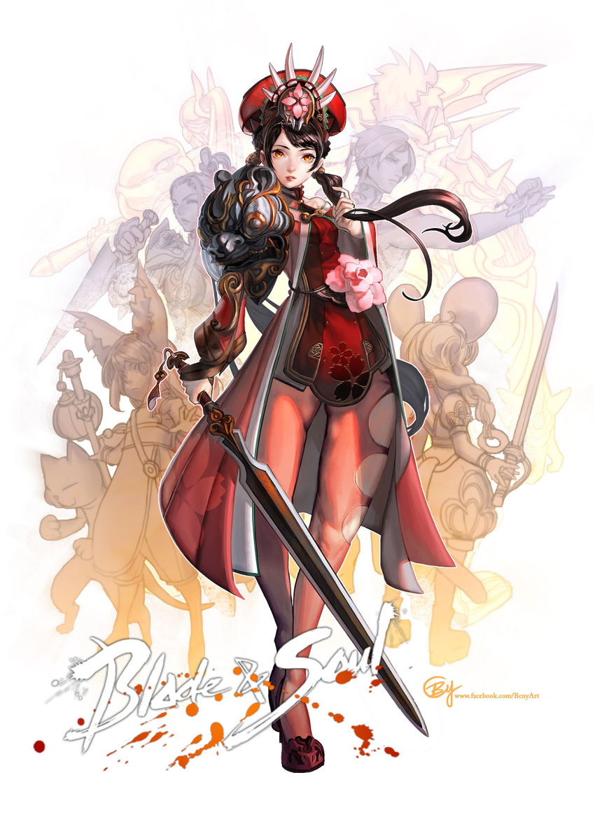 1girl animal animal_ears armor b.c.n.y. black_hair blade_&amp;_soul dress hat highres legs long_hair looking_at_viewer short_dress sword weapon