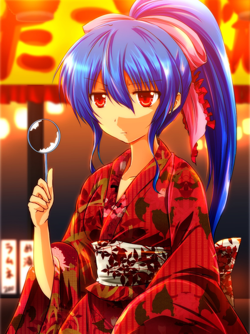 1girl alternate_costume alternate_hairstyle blue_hair broken commentary_request festival floral_print hair_bobbles hair_ornament highres hinanawi_tenshi japanese_clothes kimono long_hair long_sleeves nekominase obi ponytail red_eyes sash solo touhou very_long_hair wide_sleeves
