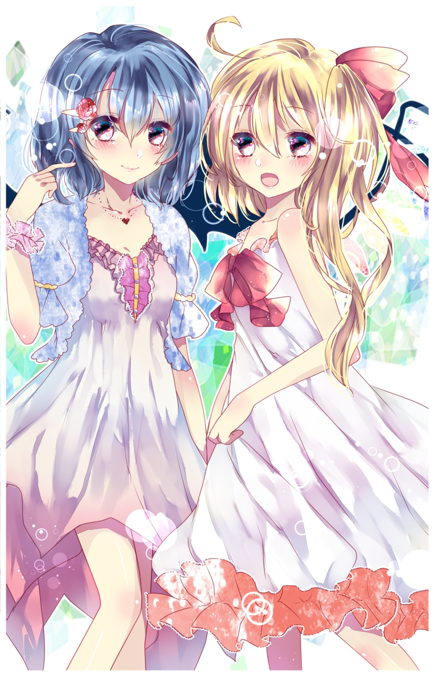 2girls bat_wings blonde_hair blue_hair collarbone dress flandre_scarlet ginzuki_ringo hair_ornament hair_ribbon hairclip heart highres jewelry multiple_girls necklace open_clothes open_mouth open_vest pendant pink_dress pink_eyes remilia_scarlet ribbon siblings side_ponytail sisters sleeveless sleeveless_dress smile sundress touhou vest white_dress wings wrist_cuffs