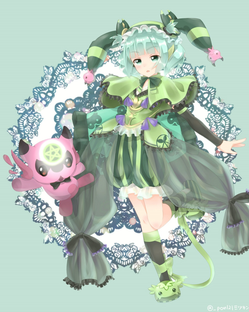 1girl aqua_eyes aqua_hair arm_warmers astaroth_(p&amp;d) black_bow black_legwear blush bow chestnut_mouth creature demon_girl demon_horns frilled_bow frilled_shawl frills full_body green_background green_bow hair_ornament hairband hat highres holding holding_pillow horns jester_cap mitsukan_(maitaro22) open_mouth pillow puffy_pants purple_bow puzzle_&amp;_dragons shawl short_hair slippers solo text twitter_username
