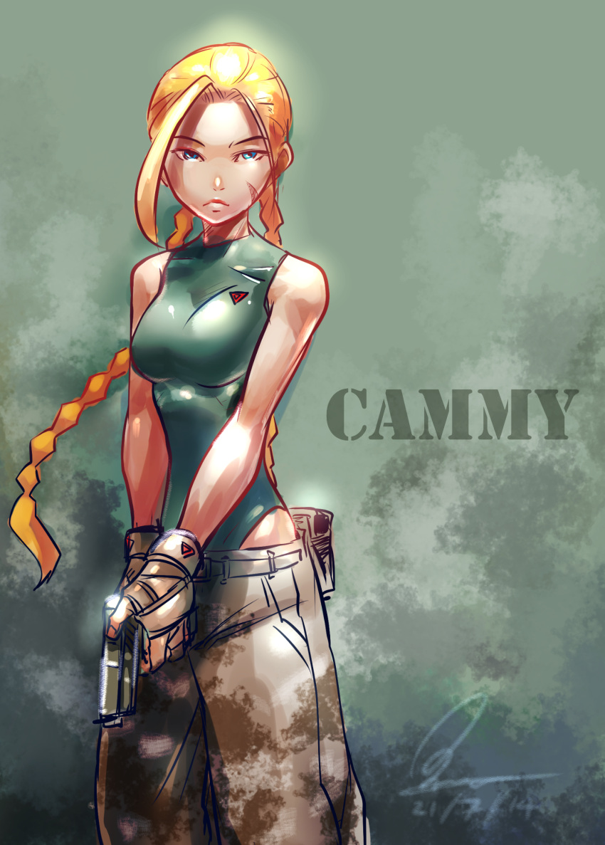 1girl ahoge blonde_hair blue_eyes braid breasts cammy_white camouflage_pants character_name fanny_pack gun handgun highres huge_ahoge kumsmkii leotard long_hair no_hat pants pistol scar serious solo street_fighter twin_braids v_arms weapon younger