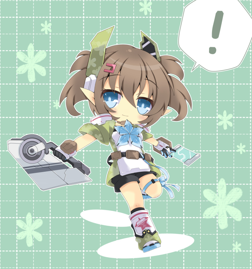 ! 1girl blue_eyes blush brown_hair chibi flower green_background hair_ornament hairclip highres milkpanda phantasy_star phantasy_star_online_2 pointy_ears ribbon short_hair smile tiea twintails weapon