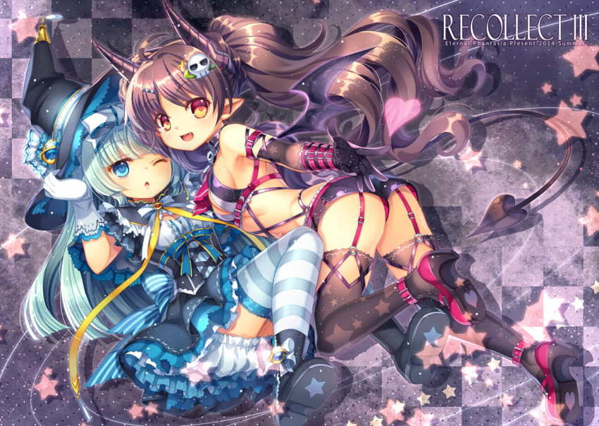 2girls ass black_gloves black_hair black_legwear bloomers blue_eyes blush bow breasts capura_lin cleavage demon_girl demon_tail elbow_gloves fang garter_straps gloves hair_bow hair_ornament hairclip hat horns long_hair looking_at_viewer multiple_girls one_eye_closed open_mouth original pointy_ears red_eyes sideboob silver_hair skull_hair_ornament small_breasts smile striped striped_legwear tail thigh-highs underwear white_gloves witch_hat