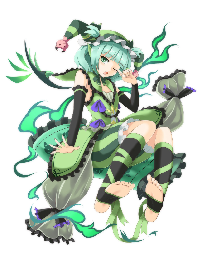 1girl aqua_hair arm_warmers astaroth_(p&amp;d) bare_shoulders black_bow blush bow demon_girl demon_horns detached_wings fingernails frilled_bow frills fuku_arashi full_body green_eyes hat highres horns jester_cap leg_warmers one_eye_closed open_mouth pillow puffy_pants purple_bow puzzle_&amp;_dragons short_hair simple_background sleeveless solo striped striped_pants white_background wings