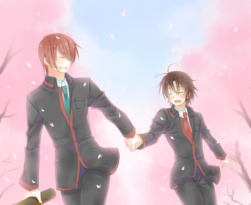 2boys blush brown_hair cherry_blossoms closed_eyes crying graduation grin happy_tears holding_hands jacket little_busters!! multiple_boys naoe_riki natsume_kyousuke necktie petals redhead school_uniform sky smile tears tree yaoi