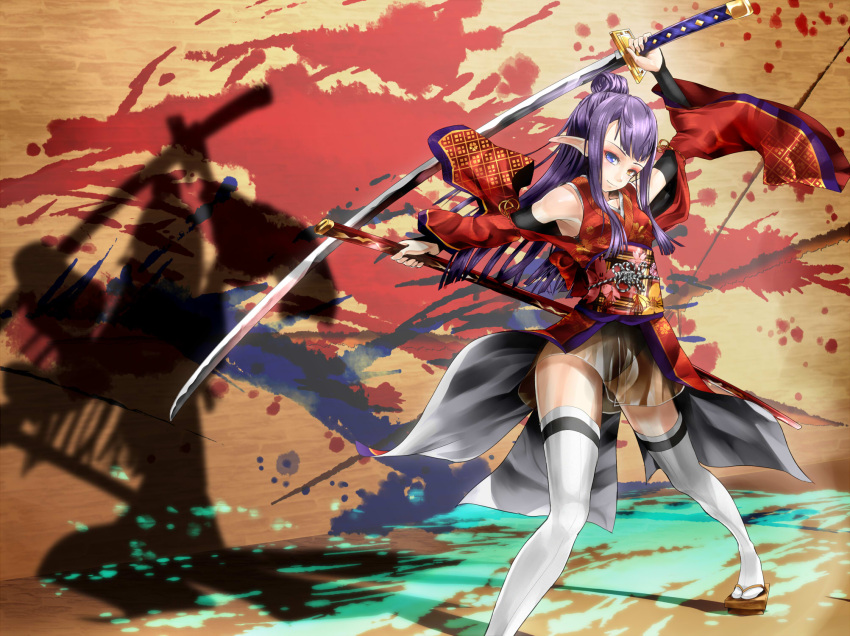 arm_up armpits black_hair detached_sleeves hair_bun heterochromia highres japanese_clothes katana kimono leotard long_hair long_sword looking_at_viewer original pointy_ears sandals see-through sheath skirt smile sword thigh-highs weapon