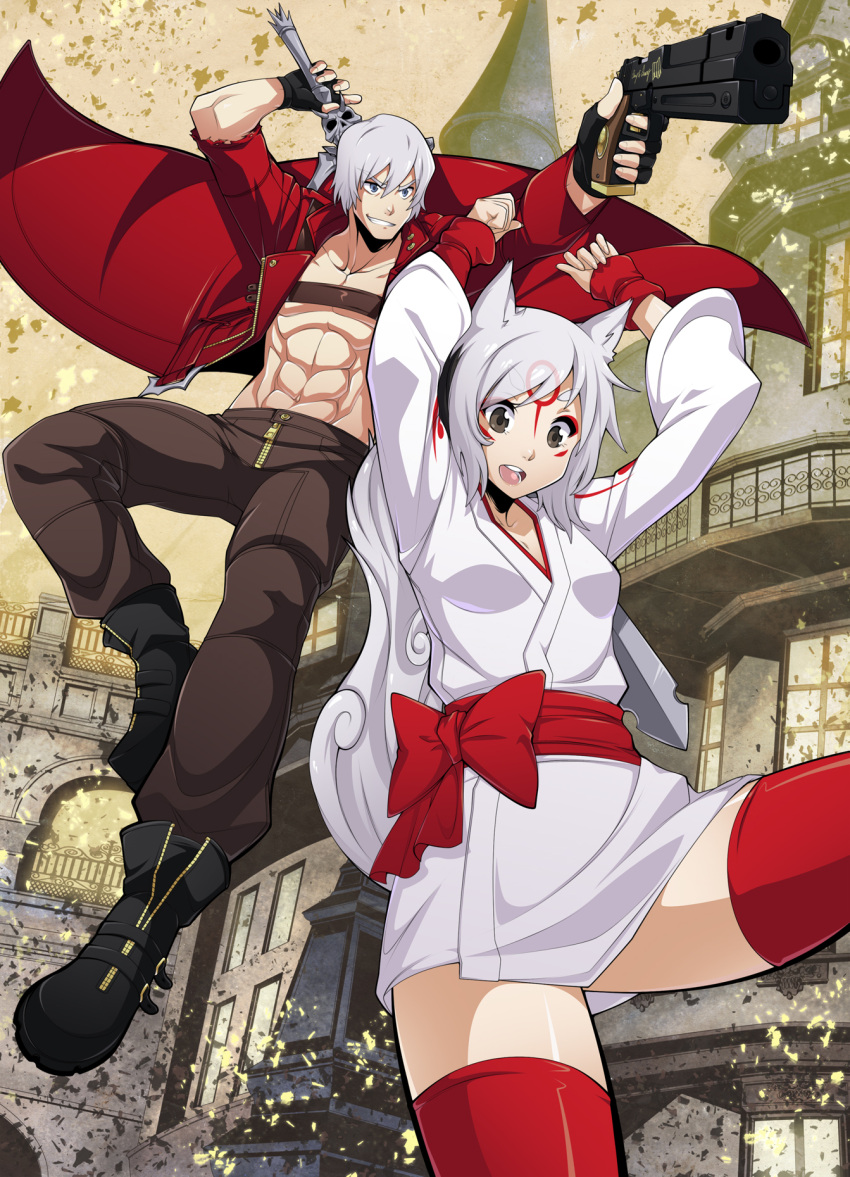 1boy 1girl abs amaterasu animal_ears beltbra brown_eyes capcom crossover dante_(devil_may_cry) devil_may_cry dual_wielding facial_tattoo falling fingerless_gloves gloves grin gun handgun highres huge_weapon jacket japanese_clothes kimono long_coat ookami_(game) personification rebellion_(sword) red_jacket red_legwear short_kimono silver_hair small_breasts smile spikewible sword tail tattoo thigh-highs weapon white_hair wolf_ears wolf_tail zipper