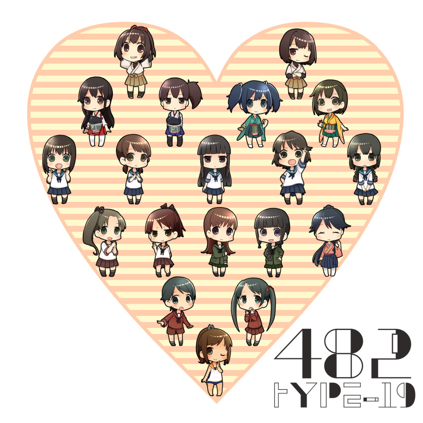 6+girls :&lt; akagi_(kantai_collection) armor ayanami_(kantai_collection) black_eyes black_hair blue_eyes blue_hair braid brown_eyes brown_hair chibi closed_eyes crossed_arms fubuki_(kantai_collection) green_eyes grin hair_ribbon hands_on_hips hatsu_(proper5) hatsuyuki_(kantai_collection) heart heart-shaped_pupils highres hiryuu_(kantai_collection) houshou_(kantai_collection) hyuuga_(kantai_collection) i-401_(kantai_collection) ise_(kantai_collection) isonami_(kantai_collection) japanese_clothes kaga_(kantai_collection) kantai_collection kitakami_(kantai_collection) looking_at_viewer mikuma_(kantai_collection) miyuki_(kantai_collection) mogami_(kantai_collection) multiple_girls muneate one_eye_closed ooi_(kantai_collection) open_mouth ponytail ribbon shikinami_(kantai_collection) shirayuki_(kantai_collection) side_ponytail smile souryuu_(kantai_collection) swimsuit swimsuit_under_clothes symbol-shaped_pupils thigh-highs twintails v v_arms violet_eyes