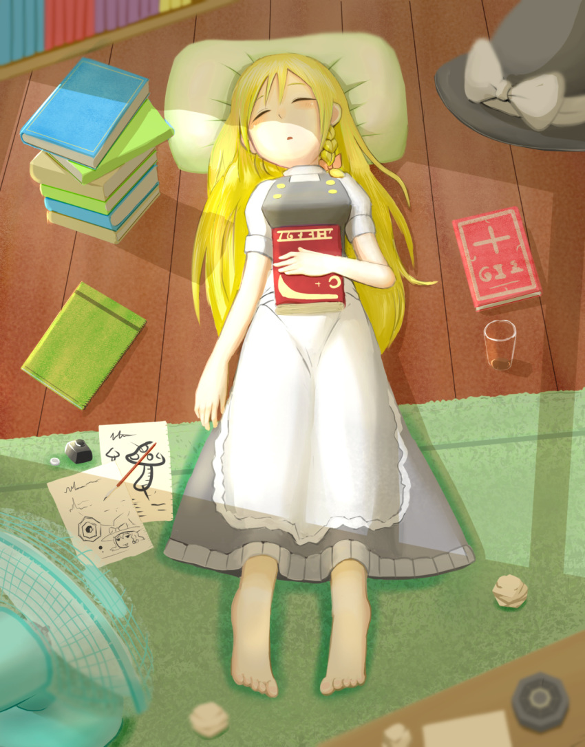 1girl apron barefoot black_skirt blonde_hair blush book bow braid buttons cup frilled_apron frilled_skirt frills full_body hair_bow hat hat_bow hat_removed headwear_removed highres indoors kirisame_marisa long_hair long_skirt lying mini-hakkero mushroom okahi on_back open_mouth paper puffy_short_sleeves puffy_sleeves red_bow short_sleeves single_braid skirt skirt_set sleeping solo table touhou white_bow witch_hat