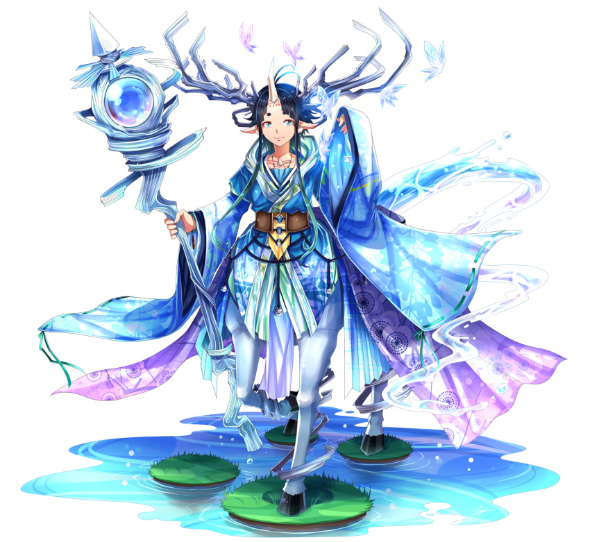 1boy black_hair blue_eyes butterfly centaur highres horn horns light_smile original pointy_ears robe solo staff tenyo0819 water