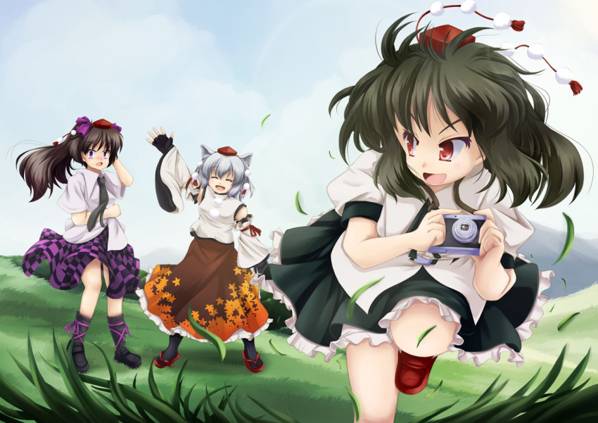 3girls animal_ears arm_up black_hair blouse blue_sky boots camera closed_eyes clouds detached_sleeves dress_shirt fingerless_gloves folded_leg frilled_skirt frills gloves grass hand_behind_head hat himekaidou_hatate inubashiri_momiji leaf_print looking_at_another looking_back mountain multiple_girls necktie open_mouth outdoors para_(dachsaria) petals plaid plaid_skirt ponytail puffy_short_sleeves puffy_sleeves red_eyes sandals shameimaru_aya shirt short_hair short_sleeves skirt sky tabi tokin_hat touhou violet_eyes white_hair wind wind_lift wolf_ears