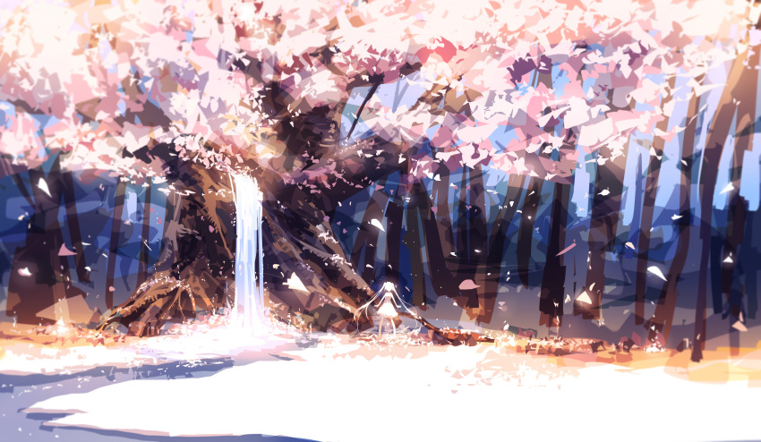 1girl absurdres cherry_blossoms forest grass highres nature original prophet_heart river scenery tree twintails water waterfall