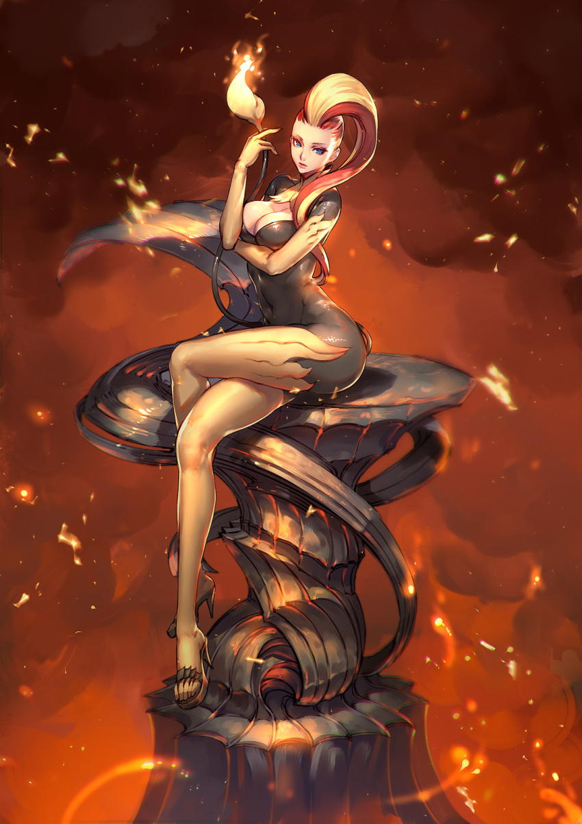 1girl blonde_hair blue_eyes bodysuit breasts cleavage cleavage_cutout covered_navel crossed_legs elbow_gloves flame gloves high_heels highres hips lips long_legs mohawk multicolored_hair original personification pokemon pyroar redhead ryushin sitting skin_tight solo tail thigh-highs