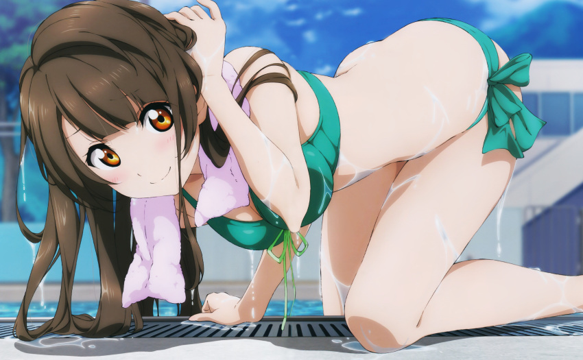 1girl absurdres adjusting_hair all_fours bent_over bikini brown_eyes brown_hair character_name copyright_name drain_(object) from_side green_bikini highres love_live!_school_idol_project minami_kotori murota_yuuhei official_art outdoors pool poolside school smile solo swimsuit towel towel_around_neck tree water wet