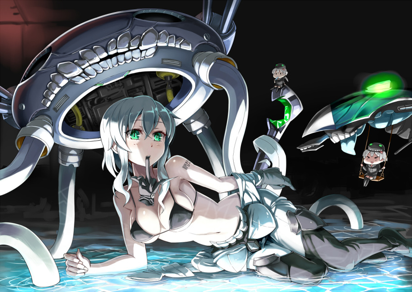 1girl barcode bikini black_bikini blush bodysuit boots breasts cleavage emerane green_eyes hat kantai_collection lying mouth_hold on_side open_mouth short_hair silver_hair solo swimsuit tattoo thigh-highs thigh_boots wo-class_aircraft_carrier