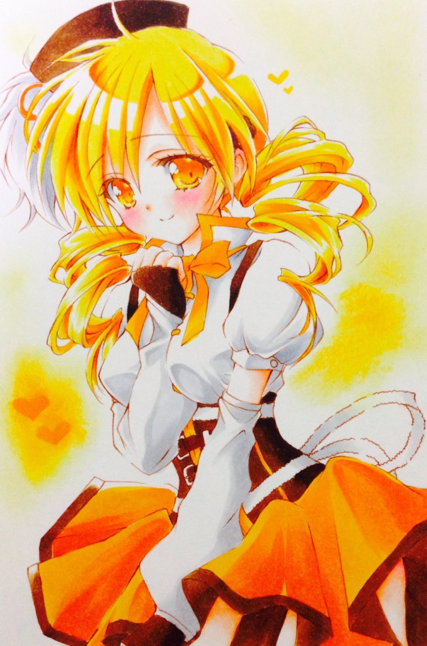1girl beret blonde_hair blush bow corset detached_sleeves drill_hair fingerless_gloves gloves hat highres long_hair magical_girl mahou_shoujo_madoka_magica pleated_skirt puffy_sleeves skirt smile solo tomoe_mami traditional_media twin_drills yellow_eyes