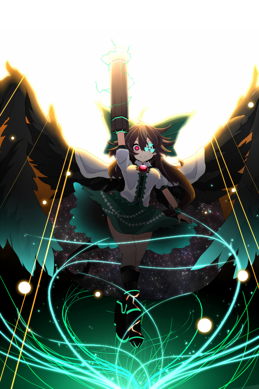 1girl arm_cannon backlighting bird_wings black_wings bow energy_ball glowing glowing_weapon hair_bow highres long_hair pink_eyes pointing pointing_up puffy_short_sleeves puffy_sleeves radiation_symbol reiuji_utsuho rihito_(usazukin) shirt short_sleeves skirt smile solo space sparks third_eye touhou very_long_hair weapon wings