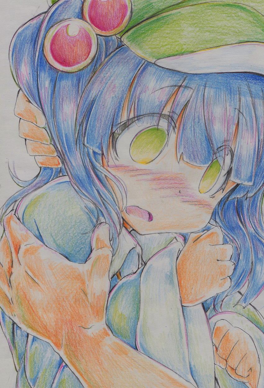 1girl absurdres backpack bag blue_hair blush colored_pencil_(medium) empty_eyes green_eyes hair_bobbles hair_ornament hat highres holding kawashiro_nitori kitazinger long_sleeves nose_blush open_mouth scared short_hair solo solo_focus touhou traditional_media twintails wide_sleeves