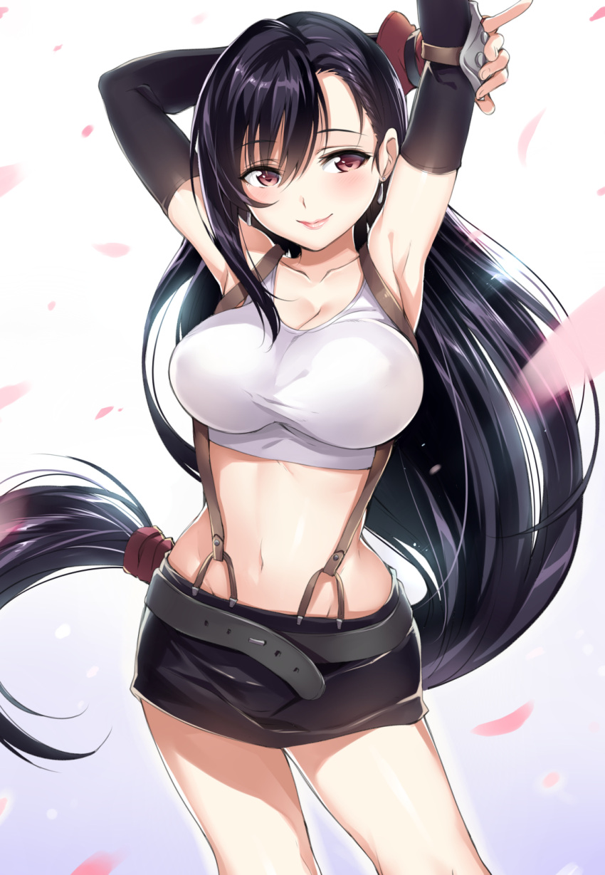 1girl armpits arms_up black_hair breasts cleavage crop_top earrings elbow_gloves final_fantasy final_fantasy_vii fingerless_gloves gan_(shanimuni) gloves highres jewelry large_breasts lips long_hair low-tied_long_hair midriff miniskirt mound_of_venus navel ponytail red_eyes skirt smile solo suspenders tifa_lockhart