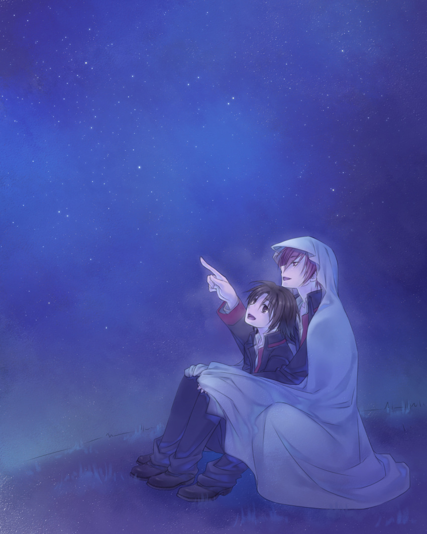 2boys blanket brown_eyes brown_hair grass highres hug little_busters!! multiple_boys naoe_riki natsume_kyousuke necktie night night_sky open_mouth outdoors pointing red_eyes redhead school_uniform shoes sitting sitting_on_lap sitting_on_person sky smile star_(sky) starry_sky yaoi