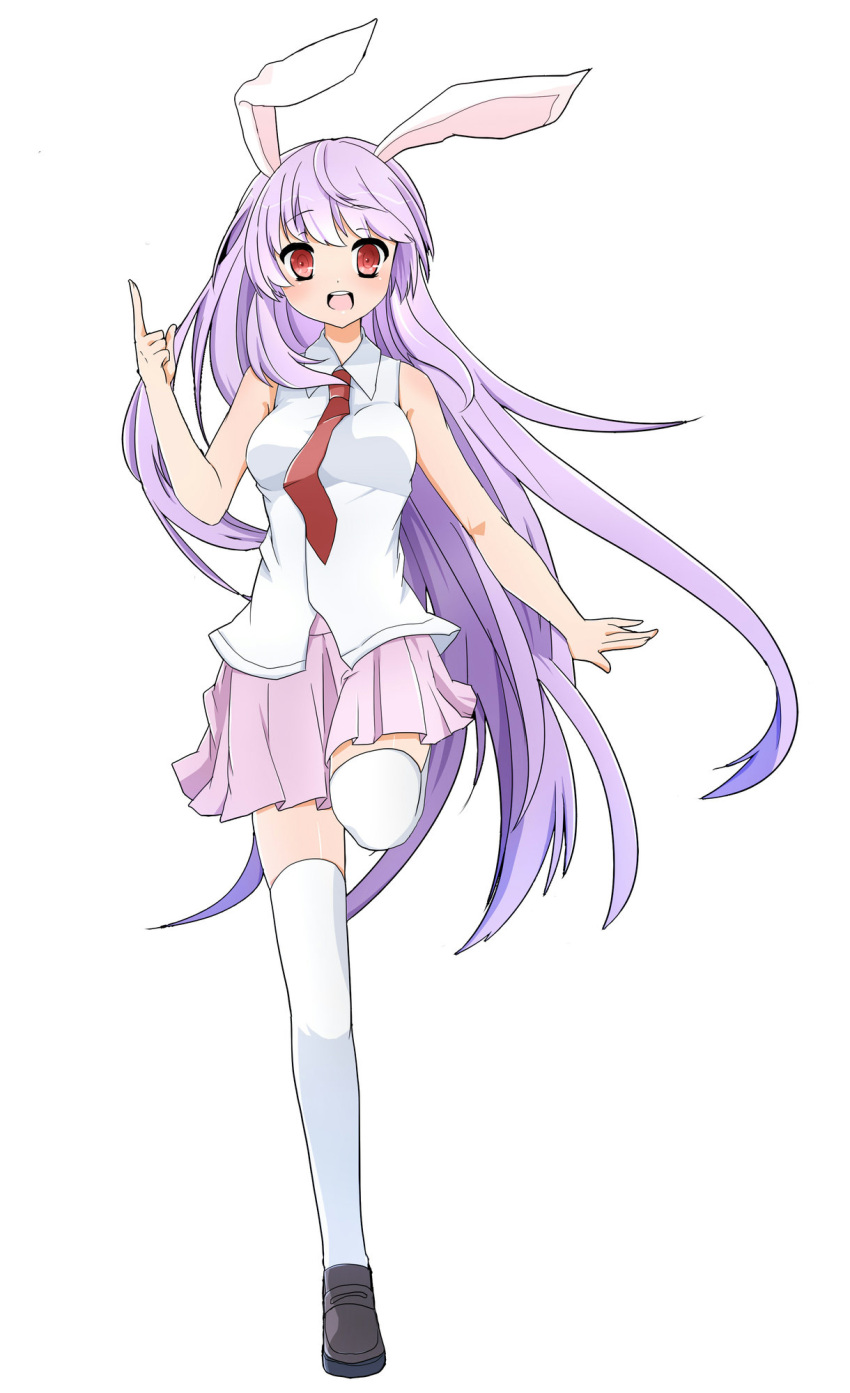 1girl animal_ears dress_shirt hand_up highres leg_up long_hair looking_at_viewer necktie one_leg_raised one_leg_up open_mouth pleated_skirt pointing pointing_up purple_hair rabbit_ears red_eyes red_necktie reisen_udongein_inaba shirt shoes short_sleeves skirt sleeveless sleeveless_shirt smile solo thigh-highs touhou white_legwear white_shirt yukina_(masyumaro610)