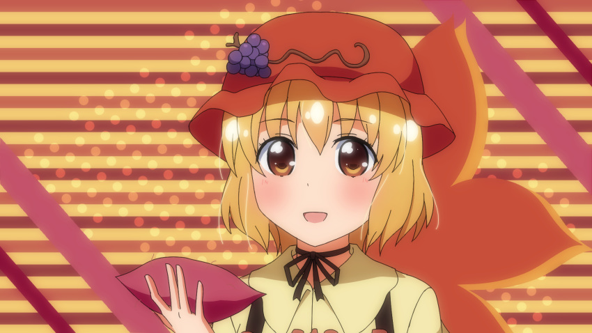 1girl :d aki_minoriko autumn autumn_leaves blonde_hair blouse blush brown_eyes bust choker dress eyebrows_visible_through_hair female food food_themed_clothes fruit grapes hat highres holding holding_food leaf looking_at_viewer maple_leaf mikomiko_(mikomikosu) mob_cap open_mouth potato ribbon_choker shirt short_hair smile solo sweet_potato touhou