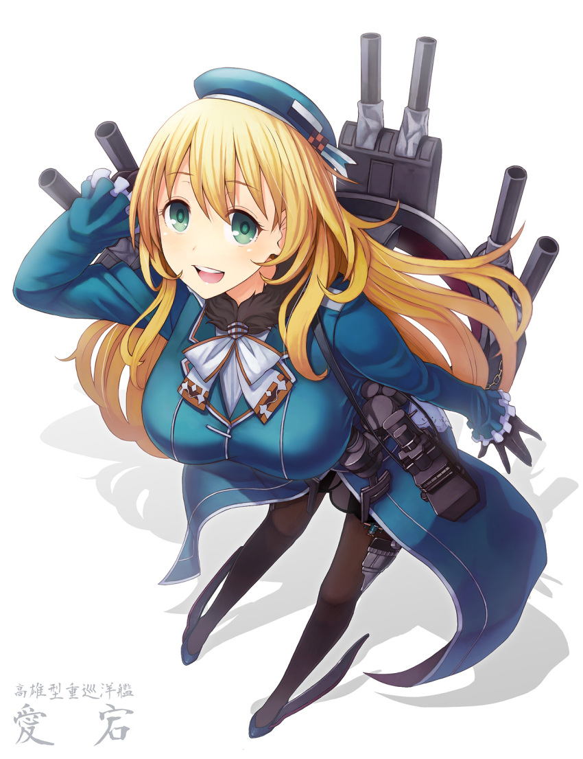 1girl atago_(kantai_collection) black_gloves black_legwear blonde_hair blush breasts gloves green_eyes hat highres itou_(onsoku_tassha) kantai_collection large_breasts long_hair looking_at_viewer military military_uniform open_mouth pantyhose simple_background smile solo uniform white_background