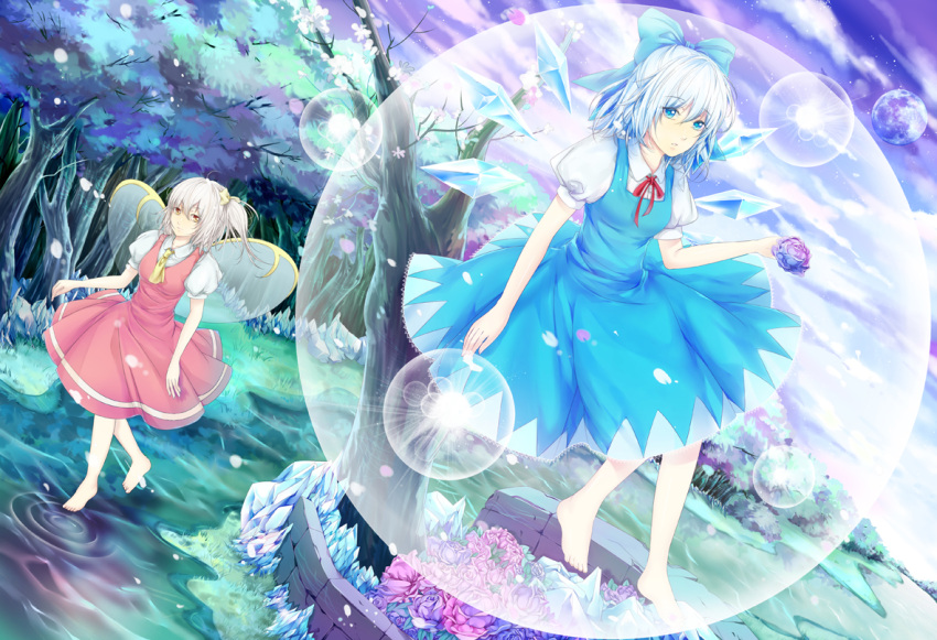 2girls ascot barefoot blue_eyes blue_hair bow bubble cirno clouds cloudy_sky daiyousei dress fairy fairy_wings flower forest full_moon hair_bow hongmao ice ice_wings lake looking_at_viewer moon multiple_girls nature neck_ribbon puffy_short_sleeves puffy_sleeves purple_sky ribbon ripples short_sleeves sky stream touhou tree walking_on_water water wings