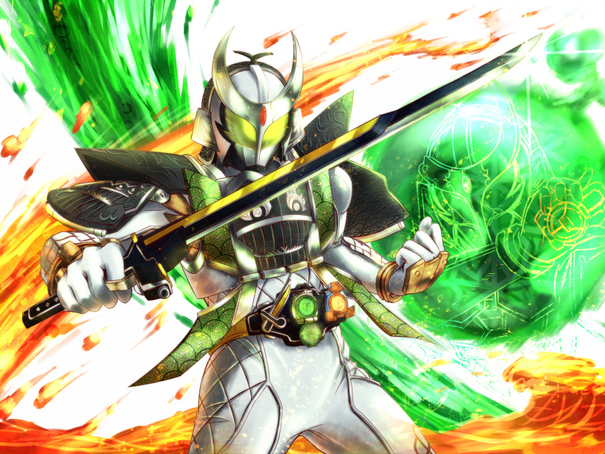 1boy belt food fruit gunblade helmet highres jinbaori kamen_rider kamen_rider_gaim_(series) kamen_rider_zangetsu lock_seed male melon nomayo solo sword weapon