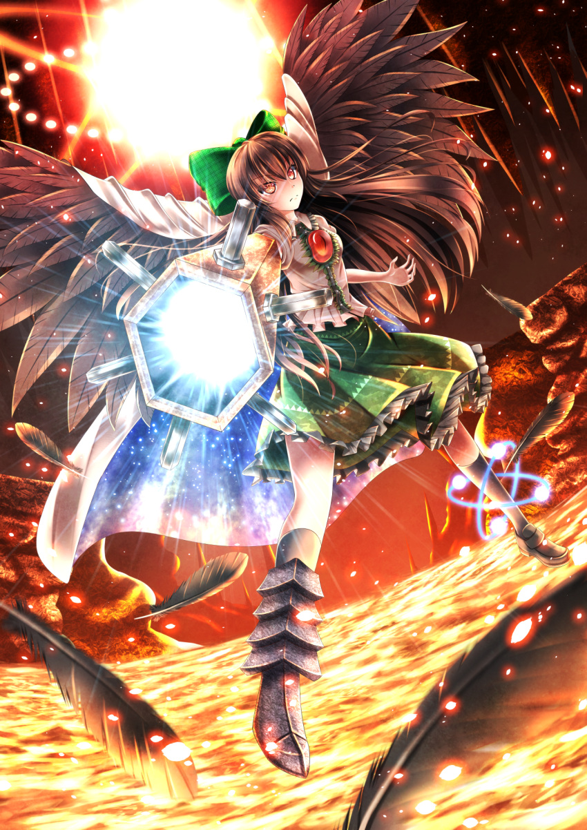 1girl aiming_at_viewer black_wings bow brown_hair ddfftasogare feathered_wings feathers green_skirt hair_bow highres mismatched_footwear molten_rock radiation_symbol red_eyes reiuji_utsuho shirt short_sleeves skirt solo third_eye touhou white_shirt wings