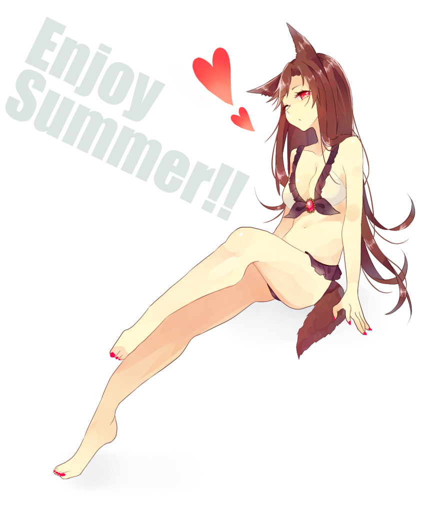 1girl animal_ears bare_shoulders barefoot bikini breasts brown_hair cleavage collarbone english heart highres hourai_ninjin imaizumi_kagerou jewelry long_hair looking_at_viewer midriff navel one_eye_closed red_eyes simple_background solo swimsuit tail touhou white_background wolf_ears wolf_tail