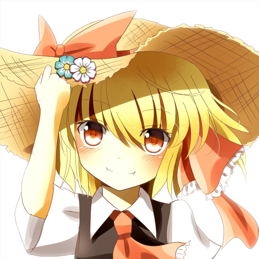 1girl ascot blonde_hair bow fang_out flower hair_ribbon hand_to_hat hat hat_bow hat_flower highres indo_(mdtanaka2007) orange_eyes ribbon rumia short_hair short_sleeves smile sun_hat touhou vest