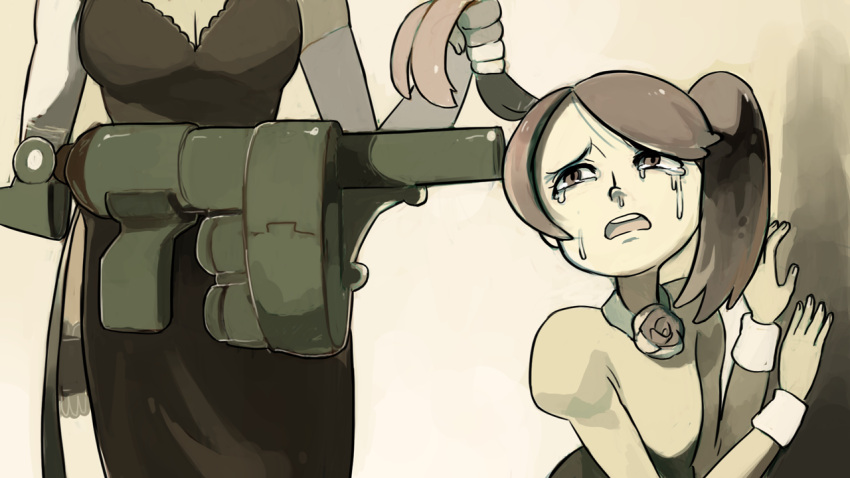 2girls alex_ahad arm_cannon black_dahlia breasts cleavage crying crying_with_eyes_open cyborg garters grenade_launcher gun_to_head hair_grab head_out_of_frame long_hair multiple_girls screencap side_ponytail side_slit sienna_contiello skullgirls solo_focus spoilers tears weapon