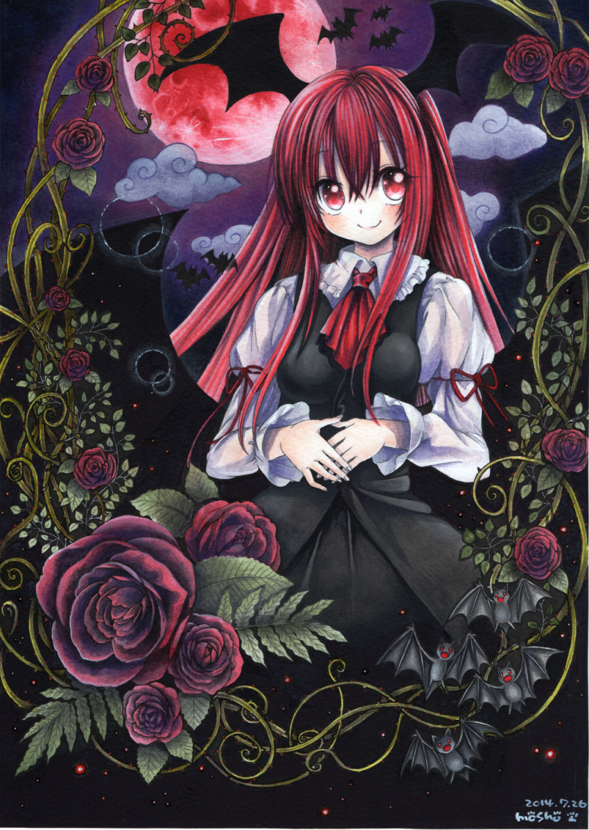 1girl ascot bat bat_wings clouds colored_pencil_(medium) demon_wings flower full_moon head_wings highres juliet_sleeves koakuma long_hair long_sleeves moon mosho night paint_(medium) puffy_sleeves red_eyes red_moon red_rose redhead rose shirt skirt skirt_set sky smile solo touhou traditional_media very_long_hair vest vines watercolor_(medium) wings