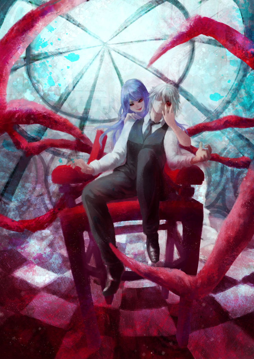 1boy 1girl absurdres black_sclera chair checkered checkered_floor formal hair_over_one_eye hand_on_another's_face hand_on_shoulder highres kamishiro_rize kaneki_ken long_hair purple_hair red_eyes short_hair smile tentacles tokyo_ghoul white_hair