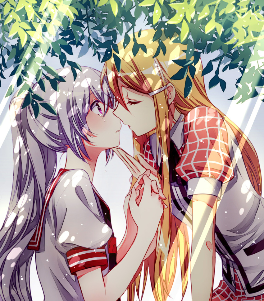 2girls akuma_no_riddle banba_mahiru blonde_hair closed_eyes hair_ornament hairclip hanabusa_sumireko hand_on_another's_chin hands_clasped highres incipient_kiss long_hair multiple_girls mylovelydevil open_mouth parted_lips ponytail silver_hair tears tree violet_eyes yuri