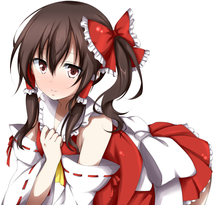 1girl alternate_hairstyle ascot bow brown_hair detached_sleeves dress frilled_skirt frills hair_bow hair_tubes hakurei_reimu heart highres hoshi_(menma) leaning_forward long_hair red_dress red_eyes revision ribbon side_ponytail simple_background skirt smile solo touhou white_background